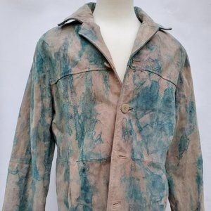 hippie suede Leather Jacket blazer tie dyed Large Med tan beige green gray blue